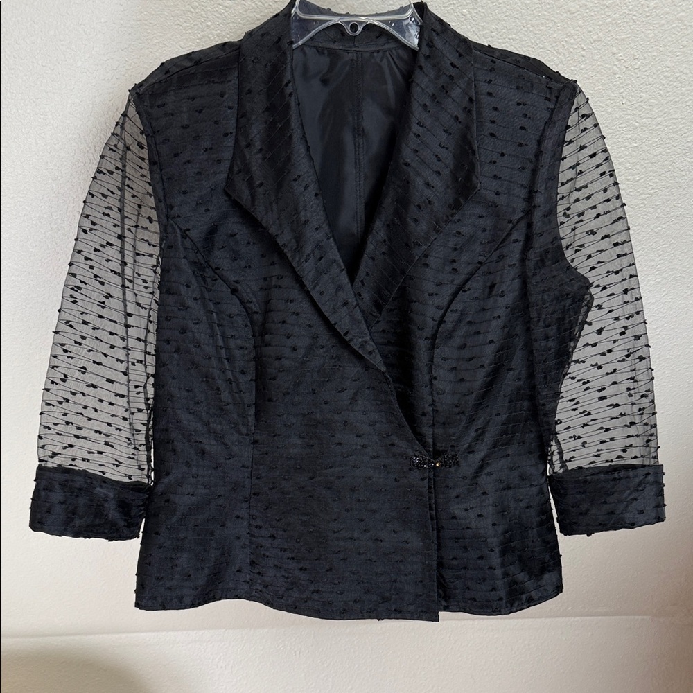 Jewel BLACK FLOCKED TAFFETA BLOUSE w/long sheer sleeves in blazer-style. No Tags